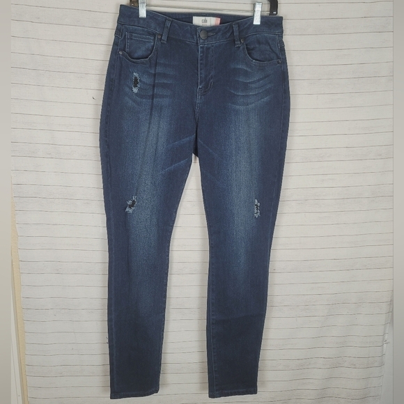 CAbi Curvy Skinny Dark Wash Lightly Distressed Jeans, sz 10 - Picture 1 of 15
